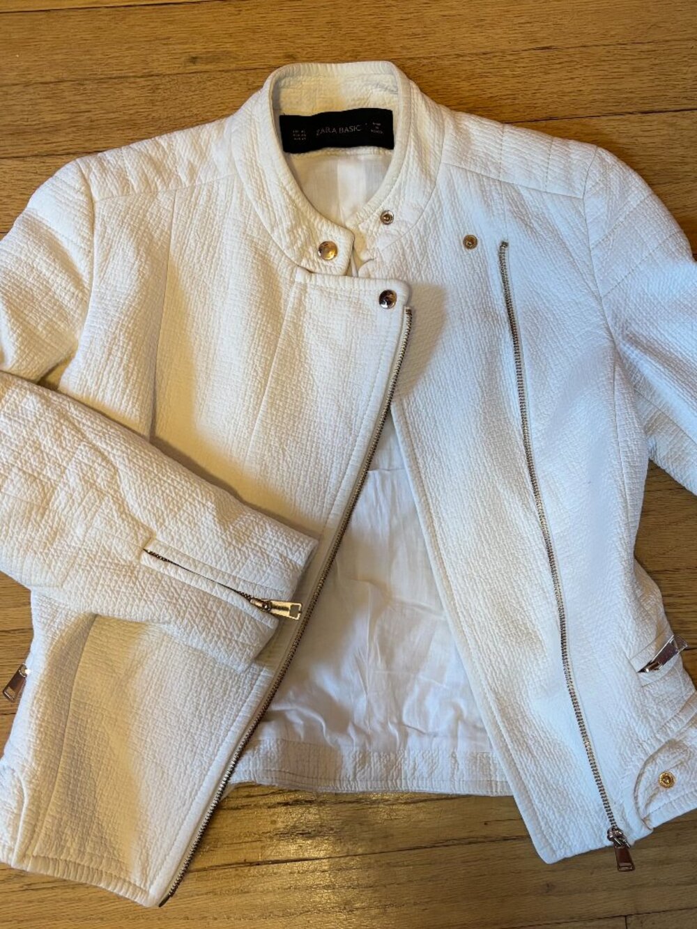 Zara Basic Size XS White Moto Jacket with Assymetric Zip Front and Gold Details